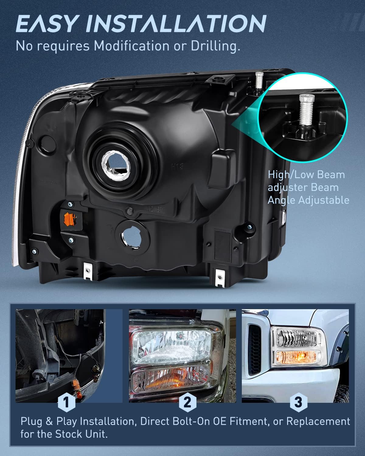 Nilight Reemplazo del conjunto de faros delanteros 2005 2006 2007 F250 F350 F450 F550 carcasa cromada súper resistente, lente transparente de