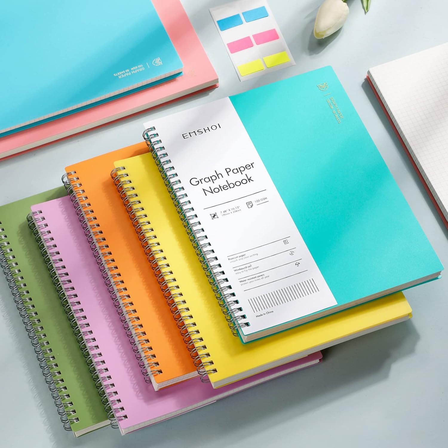 EMSHOI Cuaderno de espiral con rayas universitarias, paquete de 3 cuadernos B5 de composición grandes de 7.48 x 10.15 pulgadas, 480 páginas de 3.53