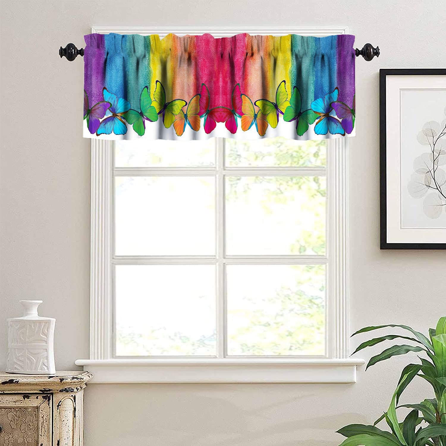 Cenefa de ventana con diseño de mariposa y arco iris, diseño romántico de dibujos animados, acuarela, dormitorio, sala de estar, cocina, tratamiento