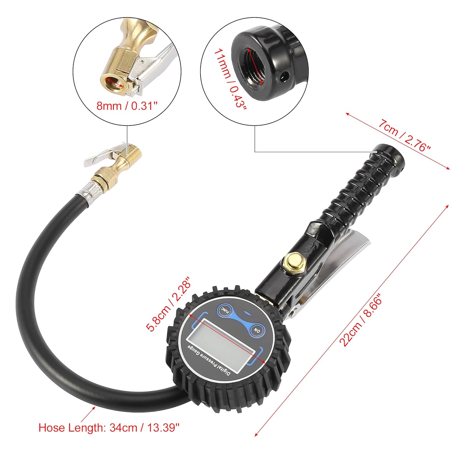 X AUTOHAUX 3 a 300PSI portátil digital medidor de presión de neumáticos inflado clip rápido deflación con palanca 3 tipos de boquillas de entrada de