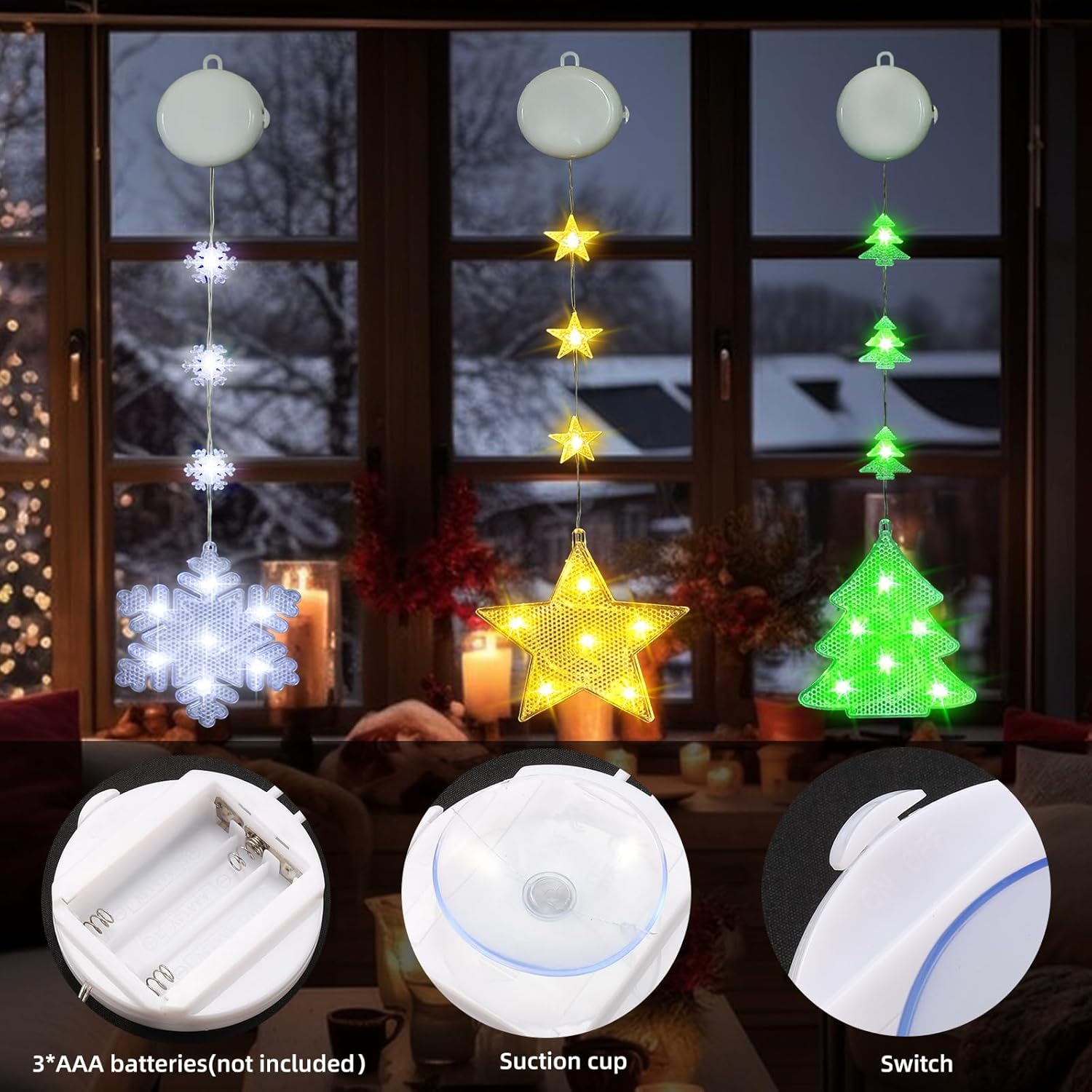 Decoraciones de Navidad, 3 luces de Navidad para ventana, alimentadas por pilas, decoración de ventana de Navidad, árbol y copo de nieve y forma de
