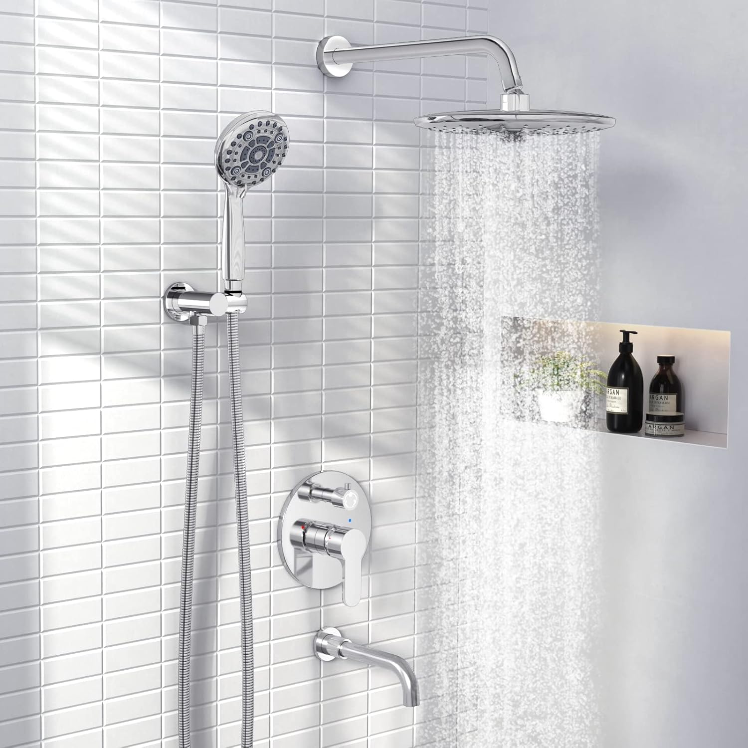 SR SUN RISE Juego de grifo de bañera y ducha de 10 pulgadas, sistema de ducha montado en la pared con boquilla de bañera, cabezal de ducha de lluvia