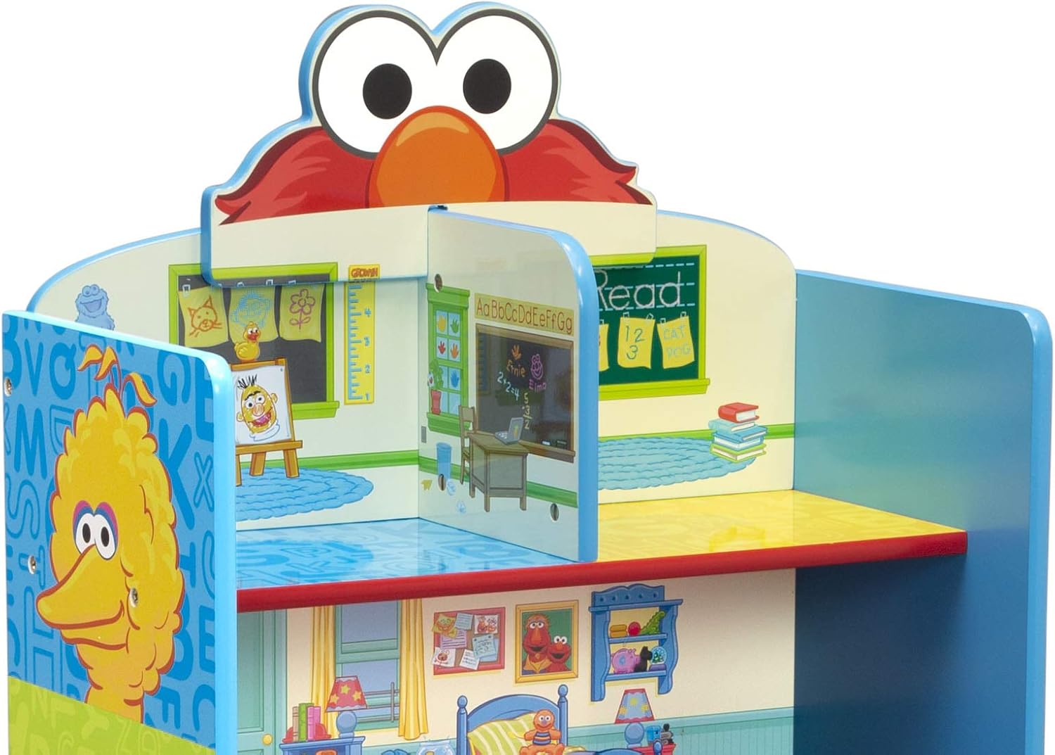 Delta Children Escritorio con silla con contenedor de almacenamiento + estantería de madera de 4 estantes para niños, Plaza Sésamo (paquete)