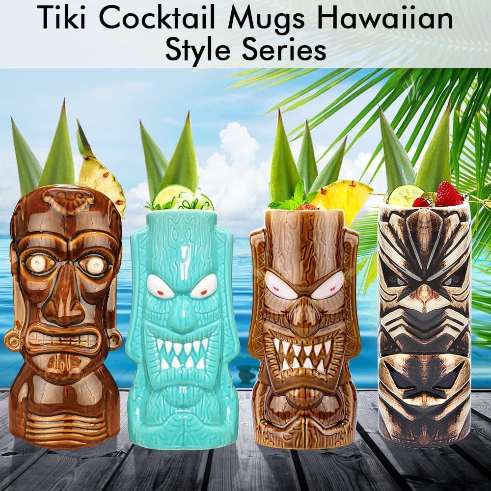 Tiki – Juego de 4 tazas de cerámica para fiestas Tiki para cócteles, decoración de bar, juego de tazas grandes hawaianas tropicales para beber