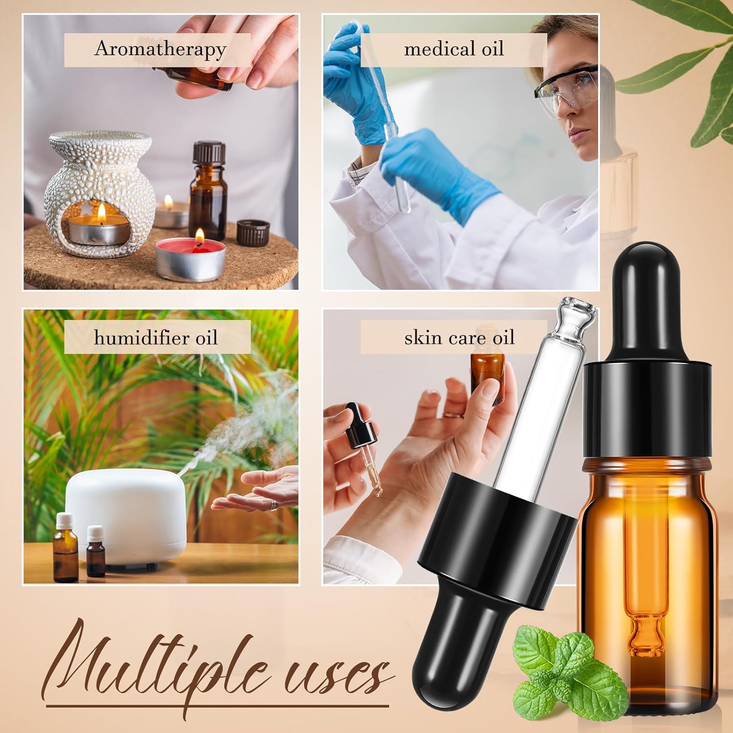 Uiifan Paquete de 100 botellas con cuentagotas de vidrio ámbar de 0.2 fl oz con 5 pipetas de plástico de 0.1 fl oz de largo, 5 embudos, 5 hojas de