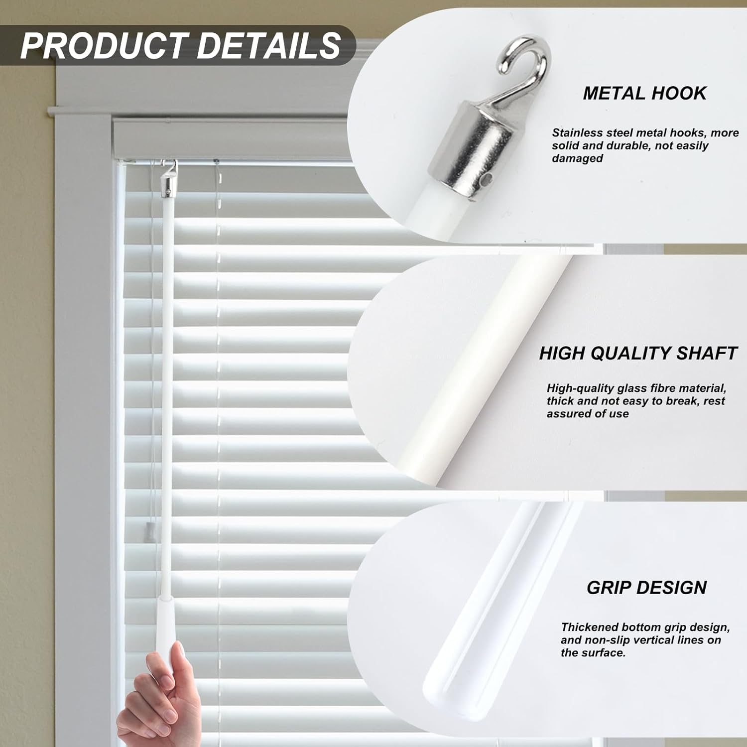 Varita ciega de fibra de vidrio blanca de 12 pulgadas con gancho de metal, varita inclinable para ventana, piezas de repuesto de control de varita