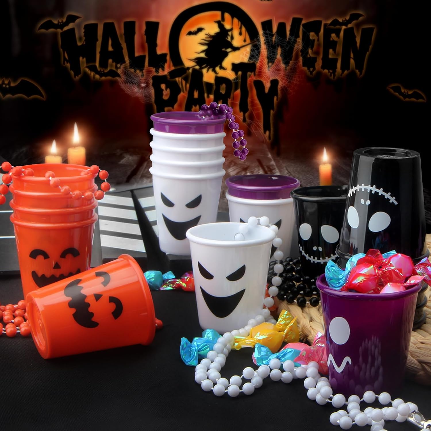 Paquete de 24 collares de chupito de Halloween con cuentas, vasos de chupito, vasos de chupito de plástico surtidos, collares de vidrio de chupito