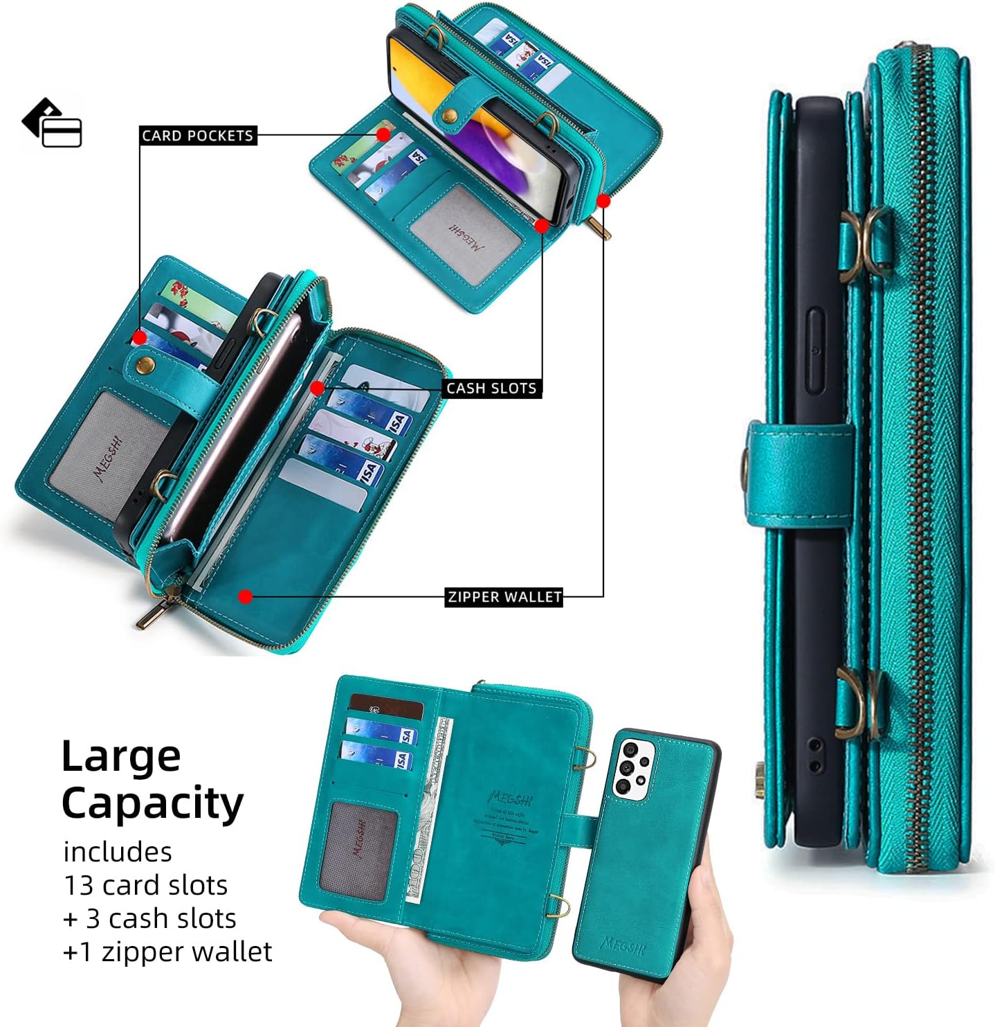 Compatible con Samsung Galaxy A32 5G 2021 6.5 pulgadas Funda tipo cartera con soporte de correa de hombro multifunción 2 en 1 cubierta magnética