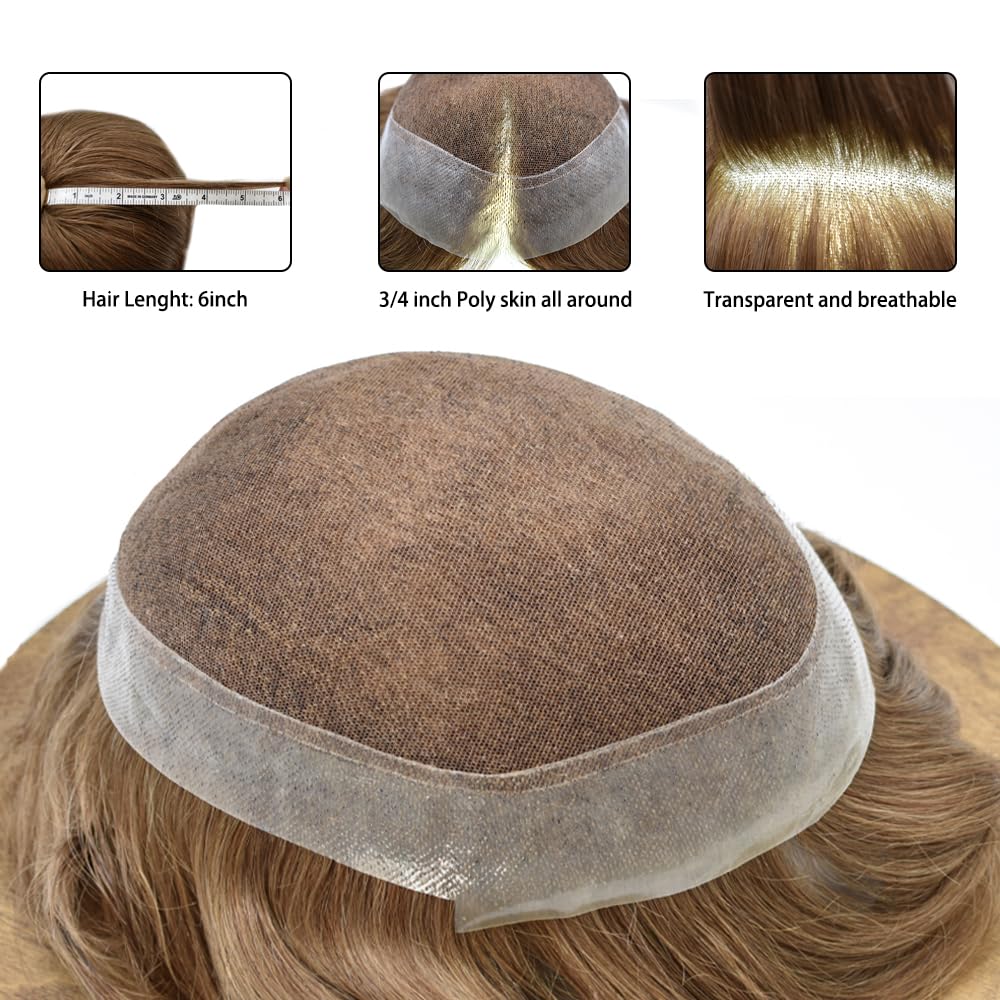 Cabello humano tipo tupé de encaje suizo para hombre, fácil cinta adhesiva de polietileno alrededor de la pieza de pelo para hombre, aspecto