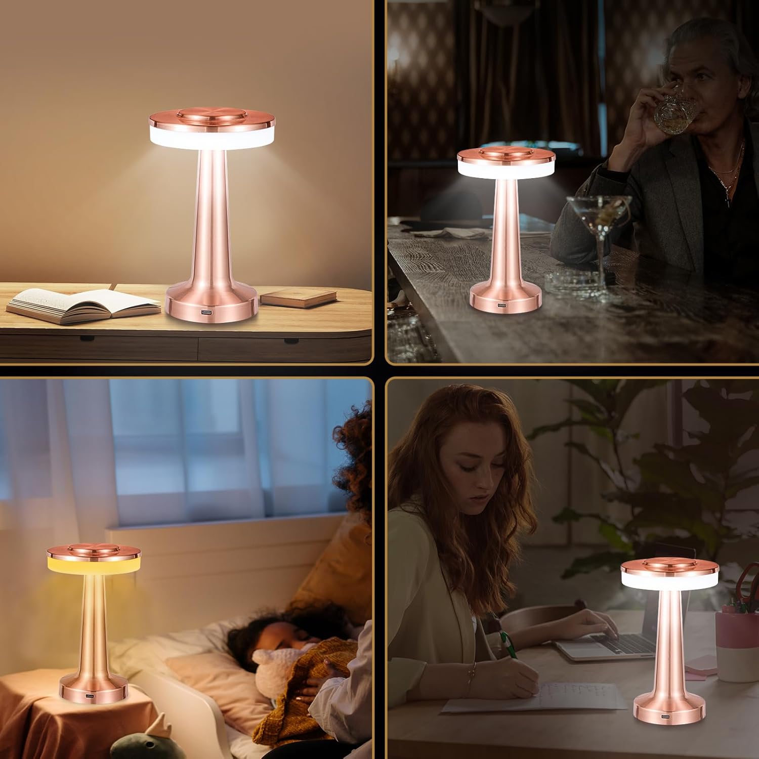 Lámpara de escritorio recargable con batería con sensor táctil, lámpara de mesa LED portátil inalámbrica, regulable de tres niveles, adecuada para