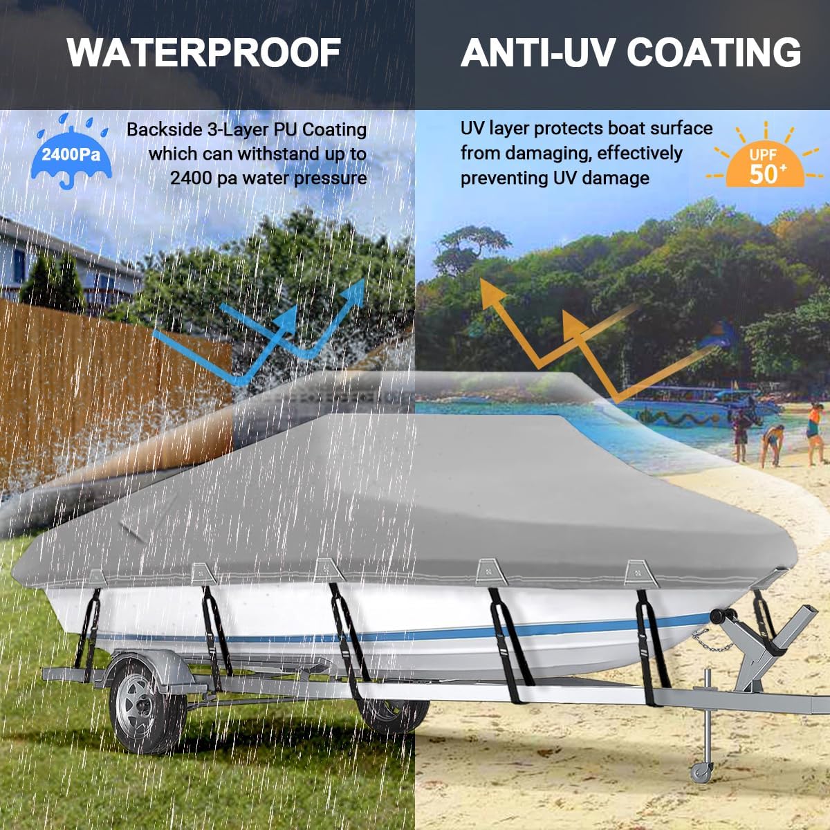 Cubierta impermeable 600D resistente para lancha, protección para todo tipo de clima, para lanchas bajas, lanchas de triple casco en V, lancha de