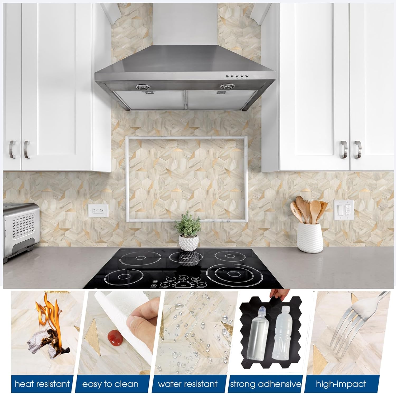 OYASIMI Azulejos hexagonales de 10 hojas, 12.2 x 11.34 pulgadas, azulejos de pared de PVC 3D de metal mixto de mármol beige para salpicaduras para