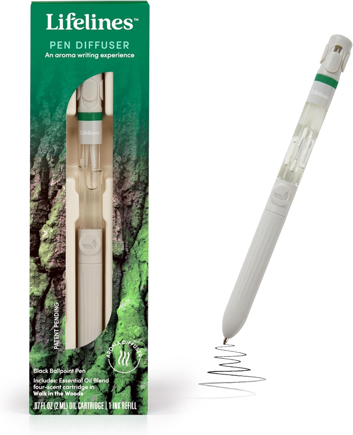 Lifelines Difusor de bolígrafo en mezclas de aceites esenciales Walk in The Woods, elegante punta de bolígrafo de 0.039 in, bolígrafo negro, recarga