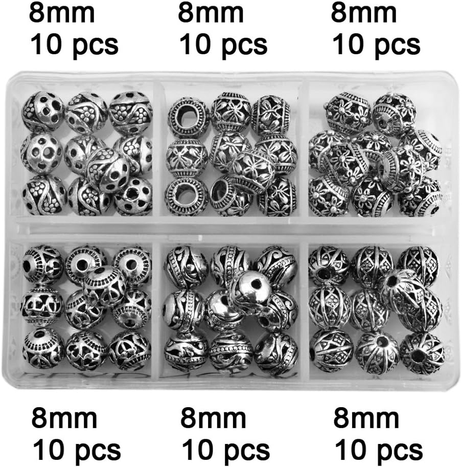 BEADNOVA 60 cuentas de plata tibetana redondas huecas de 0.315 in para hacer hallazgos de joyería con contenedor de plástico gratuito, surtido de