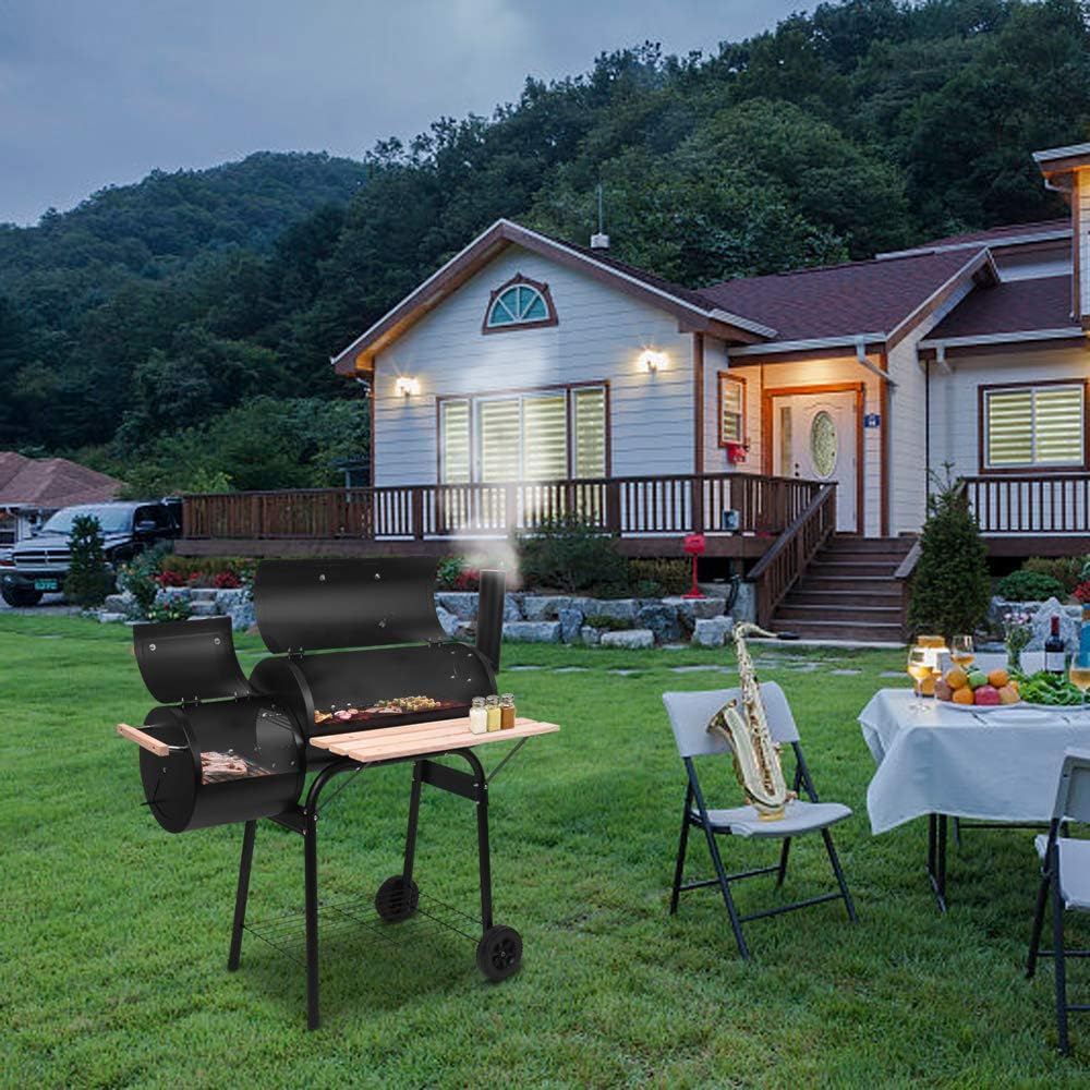Outvita Parrilla de carbón para barbacoa, cocina de barbacoa para patio al aire libre con ahumador desplazado, ruedas y bandeja para balcón,