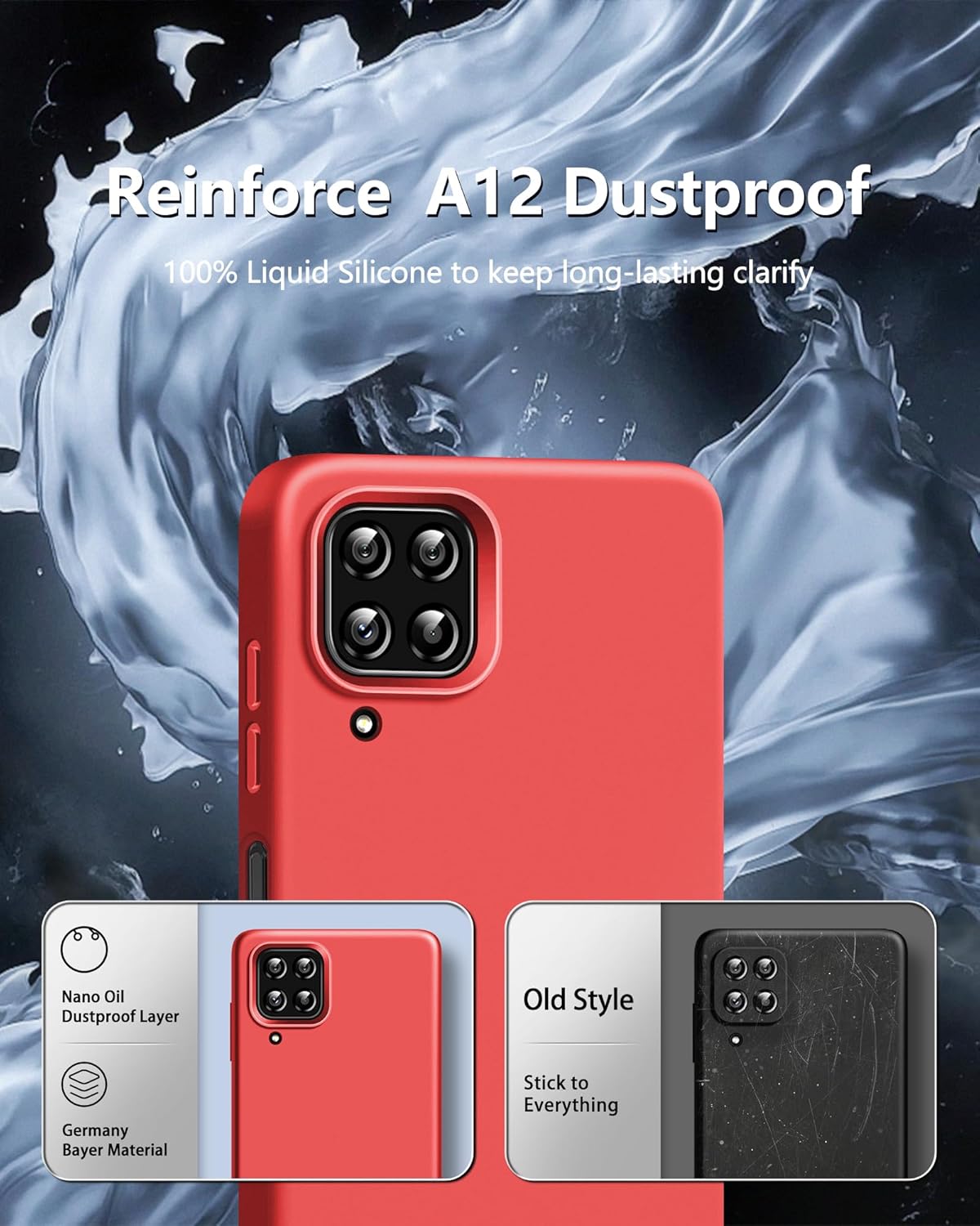 Dssairo Funda 3 en 1 para Samsung Galaxy A12, con 2 protectores de pantalla, protección de cámara, funda protectora delgada de silicona líquida a