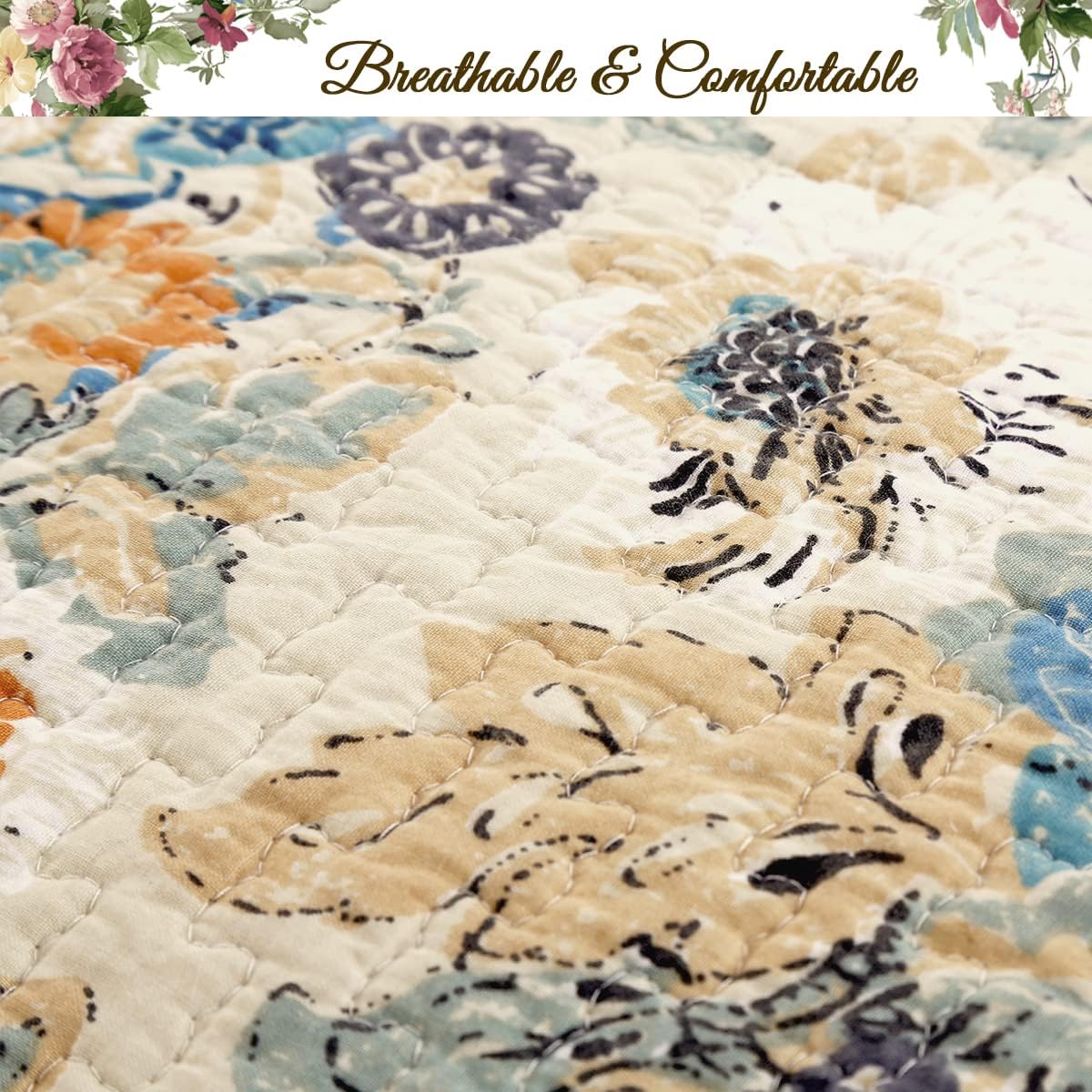 Cozy Line Home Fashions Juego de edredón clásico de lujo, 100% algodón, color beige, azul, floral, rosa, flores, estilo bohemio, colcha reversible