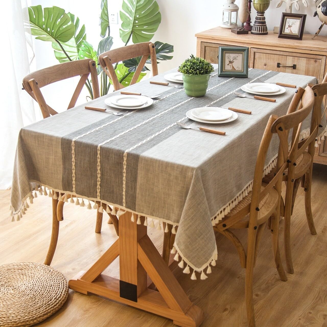 ENOVA HOME Elegante mantel rectangular grueso de algodón y lino con borlas, a prueba de polvo, para decoración de mesa de cocina y comedor (gris