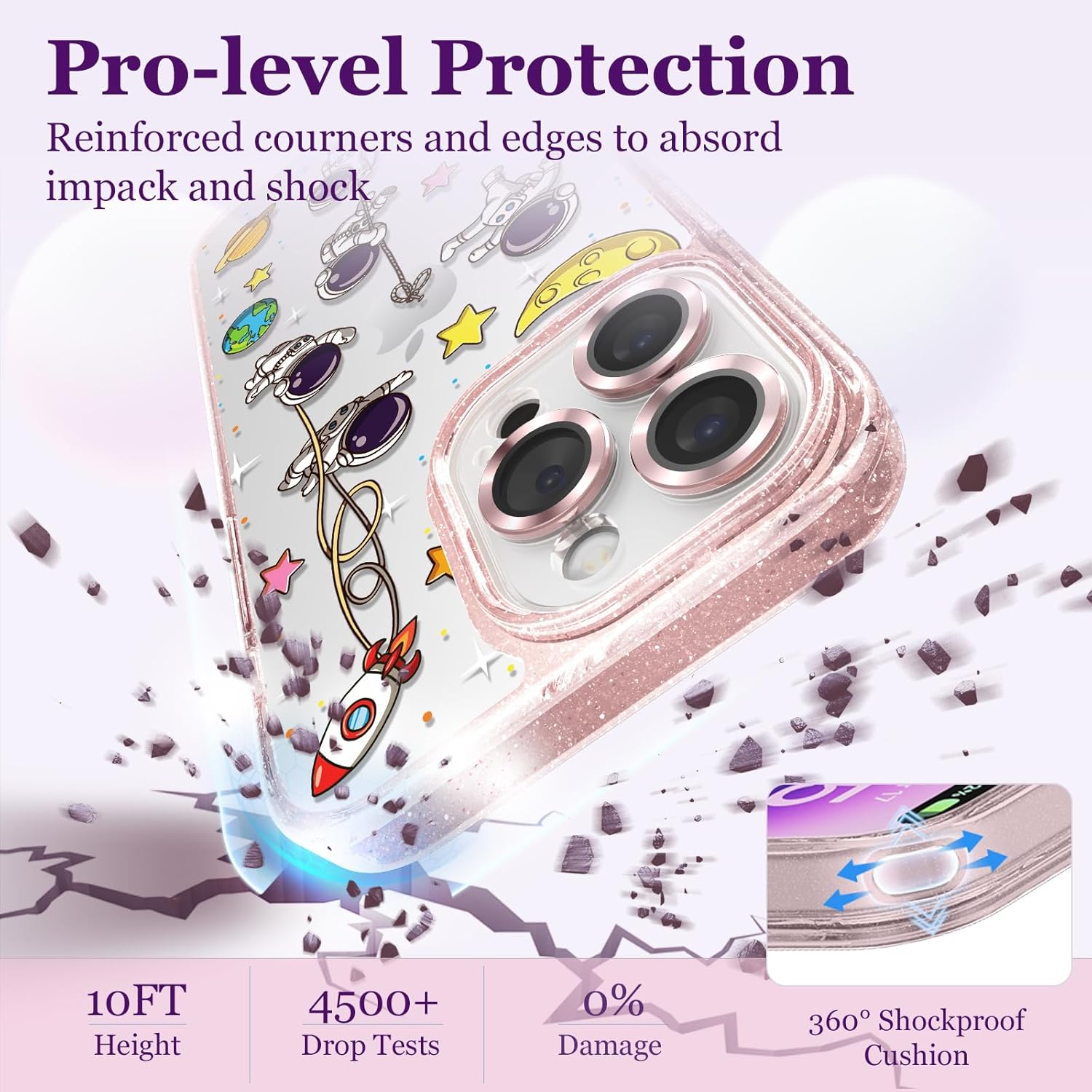 casevivid Funda compatible con iPhone 15 Pro, bonita estética, funda de teléfono rosa con purpurina y protector de cámara, diseño de astronauta