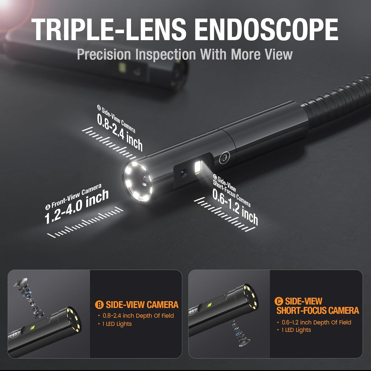 Boroscopio de triple lente con pantalla IPS de 7 pulgadas, cámara de inspección industrial Teslong 1080P HD con luz, herramienta de alcance mecánico