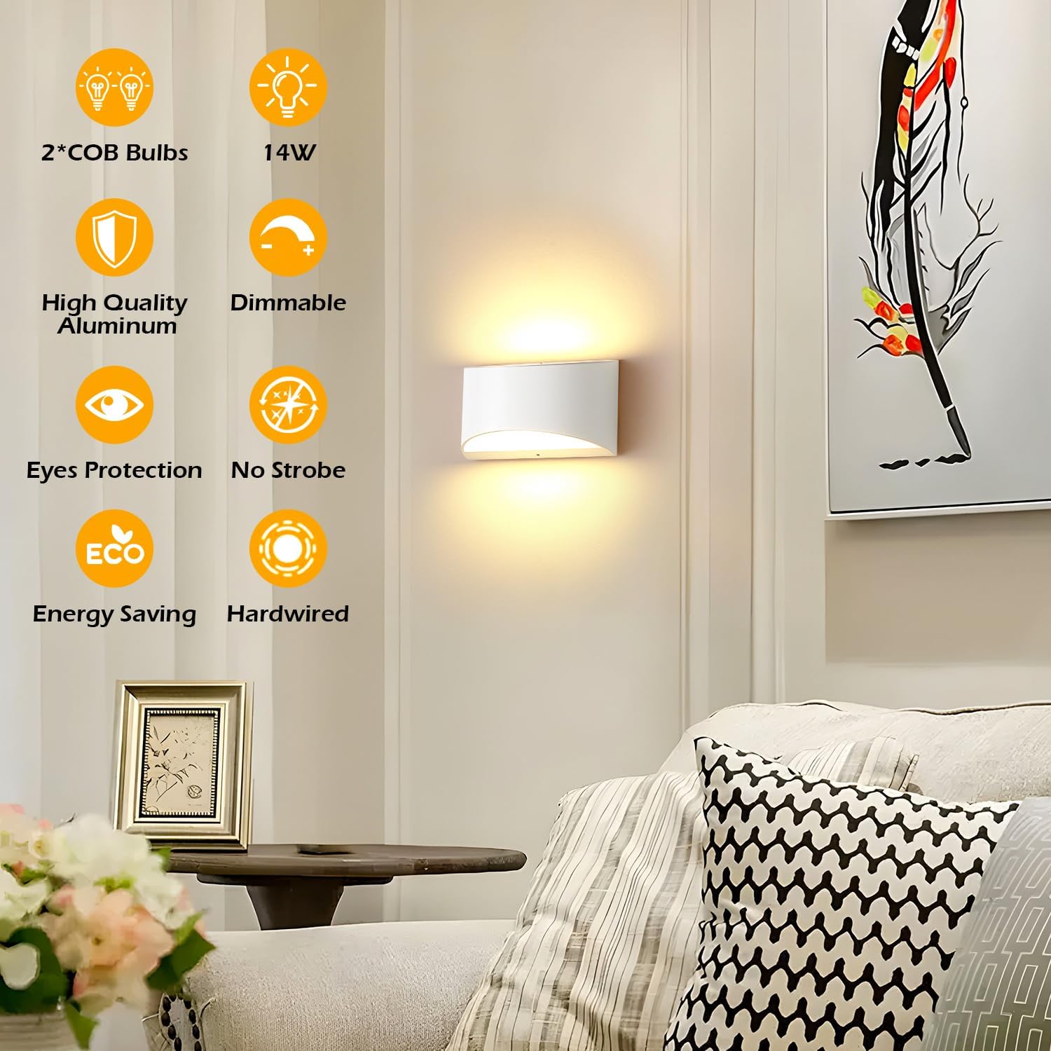 Hollymaze Lámparas de pared, aplique de pared regulables, modernos apliques de pared, iluminación de pared blanca de 14 W, cableado arriba y abajo,
