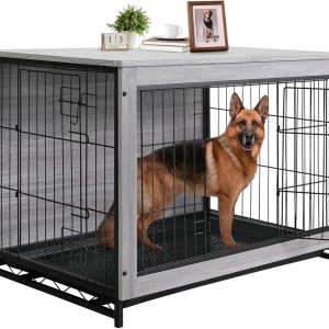 TLSUNNY Muebles de jaula para perros, mesa de madera de 44.1 pulgadas, perrera de interior con 2 puertas, moderna jaula para perros con bandeja TLSUNNY Muebles de jaula para perros, mesa de madera de 44.1 pulgadas, perrera de interior con 2 puertas, moderna jaula para perros con bandeja