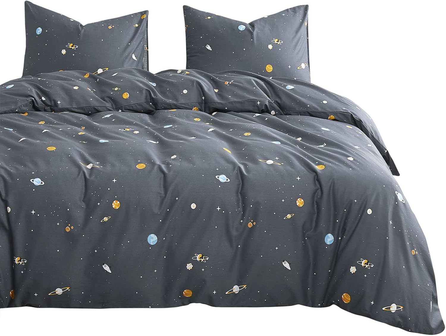 Wake In Cloud – Juego de edredón gris para niños, tamaño matrimonial, 100% tela de algodón, 3 piezas, ropa de cama ligera para dormitorio