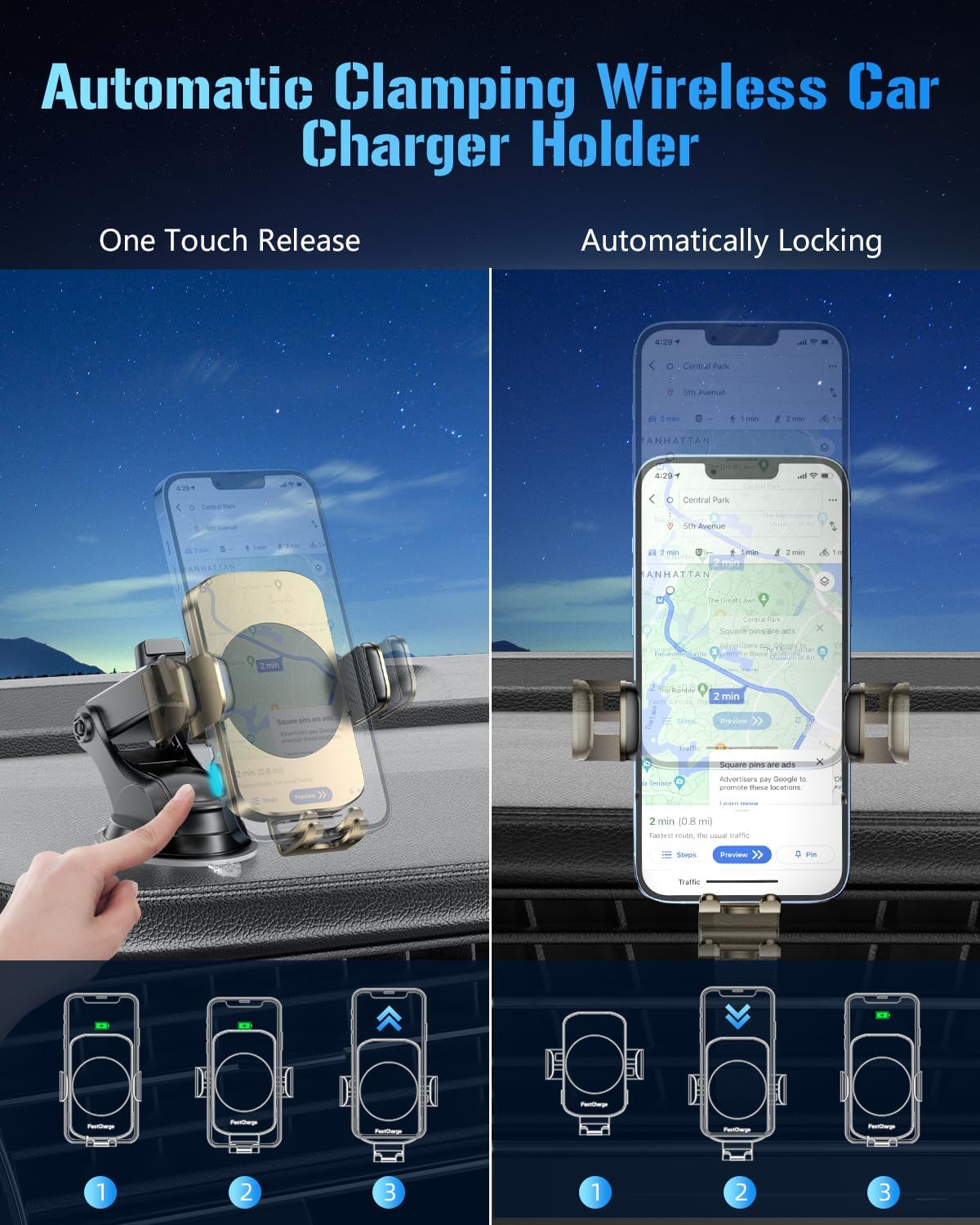 Wireless Car Charger, Fast Charging Phone Holder BothLin 3 in 1 Phone Mount Auto Clamping Car Accessories Compatible with iPhone 15 14 13 12 11 Xs