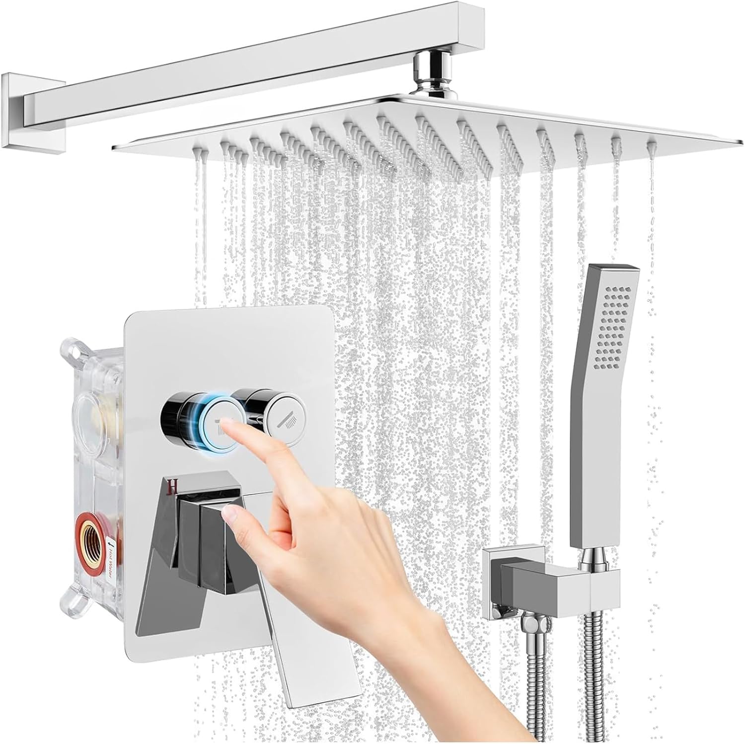 gotonovo Sistema de ducha de lluvia con botón pulsador, cabezal de ducha de mano con ducha de mano, válvula de equilibrio de presión incluida de
