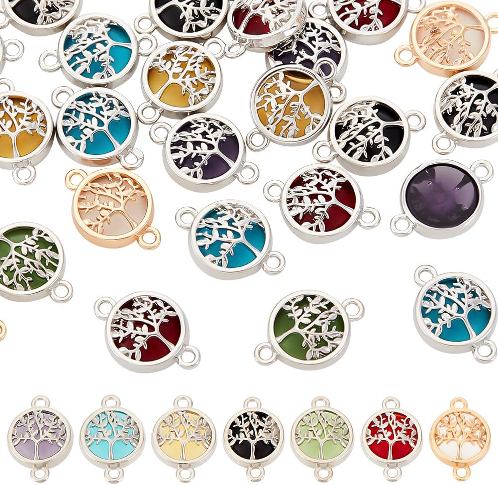 PH PandaHall 28 dijes de conector del árbol de la vida, 7 colores redondos de cristal, chapados en platino, eslabones de chakras de cristal de la