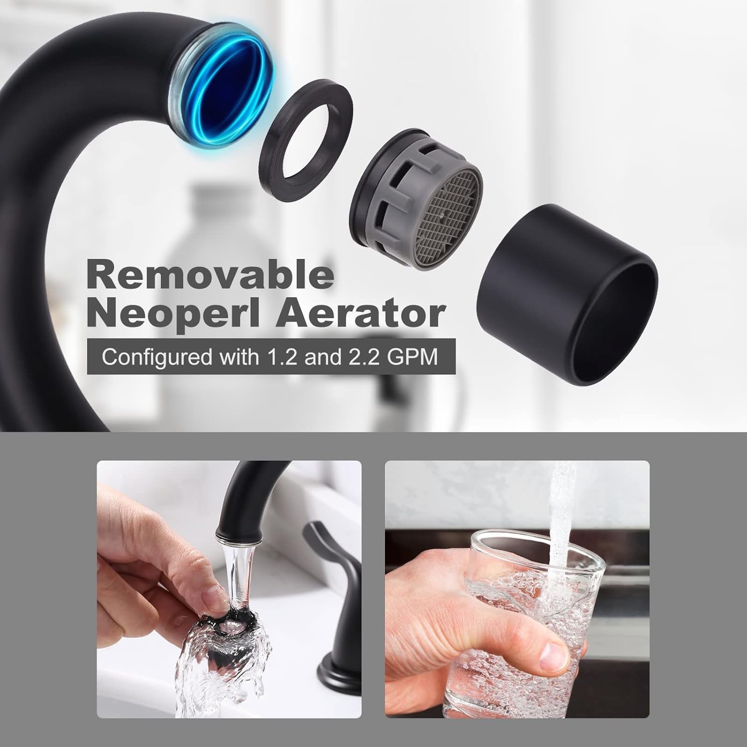 ARCORA – Grifo de baño negro de 8 pulgadas, 3 agujeros, 2 manijas con montaje de drenaje, grifo negro mate para fregadero de baño