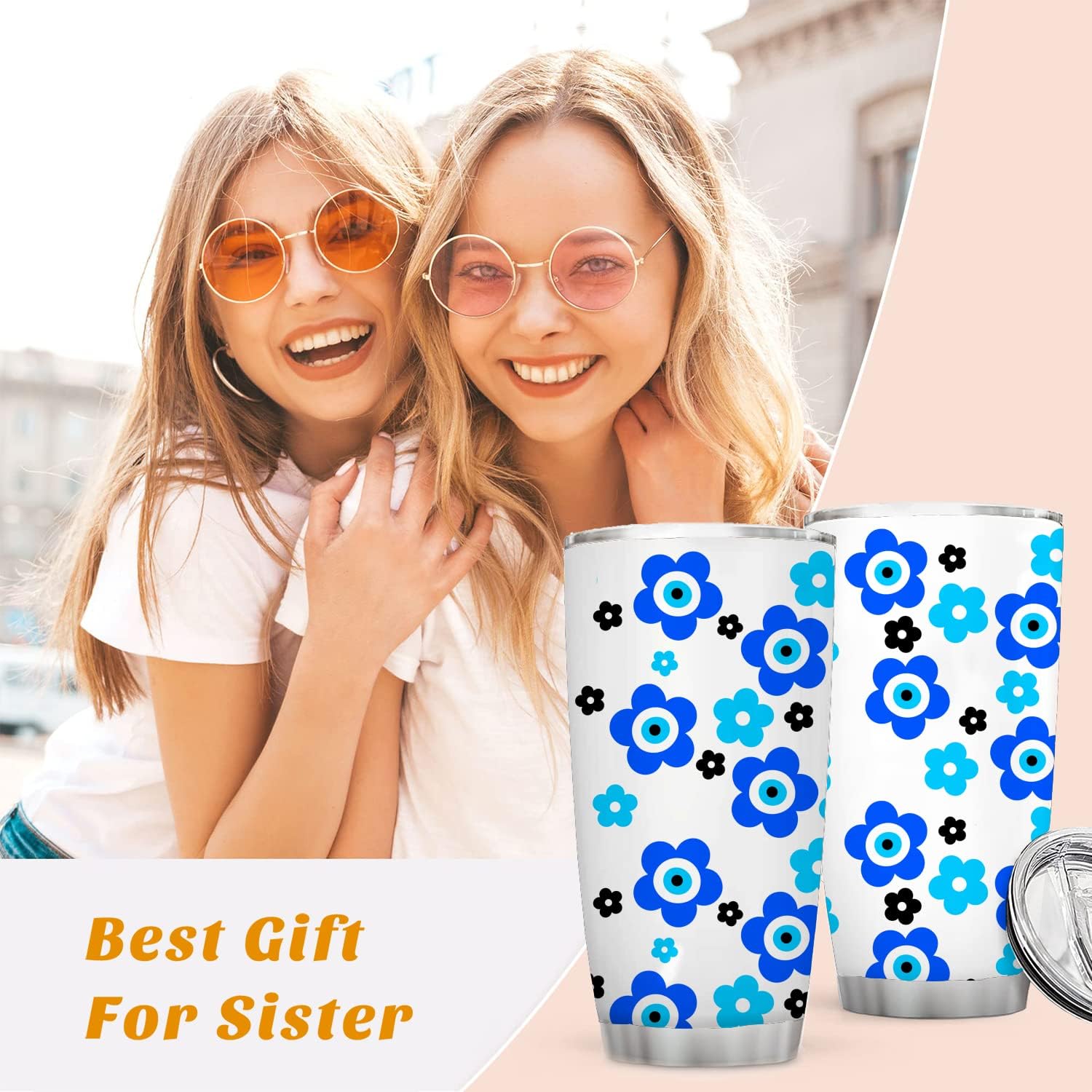 Regalo de 20 onzas para mujeres, madres y niñas, regalo de flores de mal de ojo azul turco, regalo de protección de buena suerte para mujeres, taza