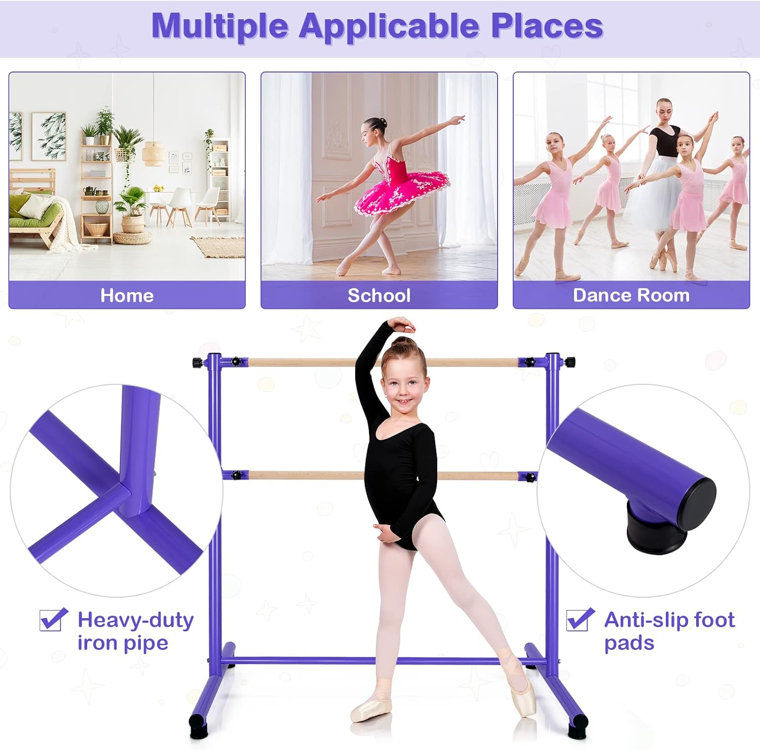 Costzon Barra de ballet portátil, barra de madera doble ajustable de 4 pies de altura, barra de baile independiente para estudio en casa, escuela,