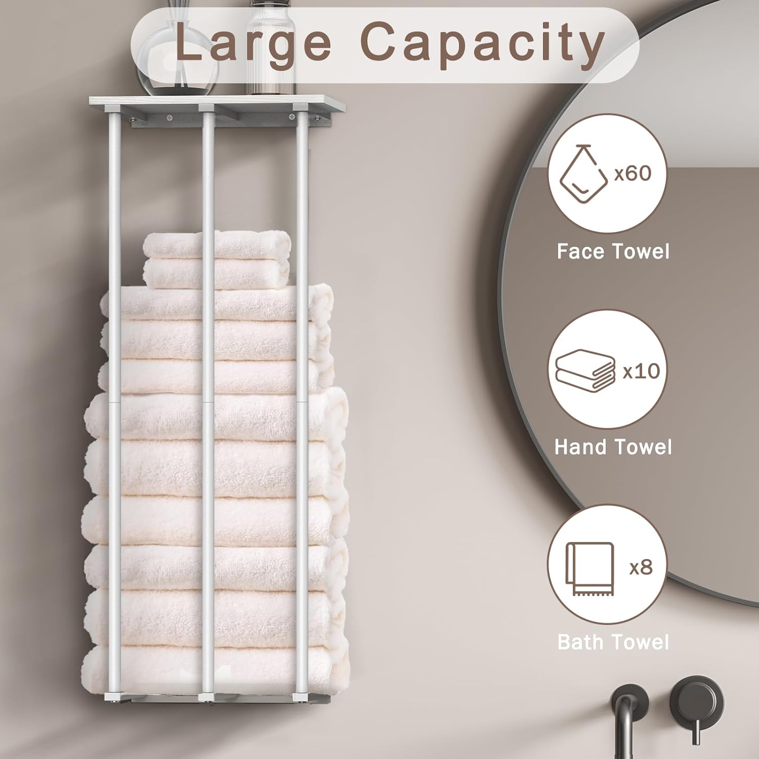 MOOACE – Toallero para baño montado en la pared, 3 barras enrolladas con parte superior de madera y ganchos de pared, organizador de baño de metal