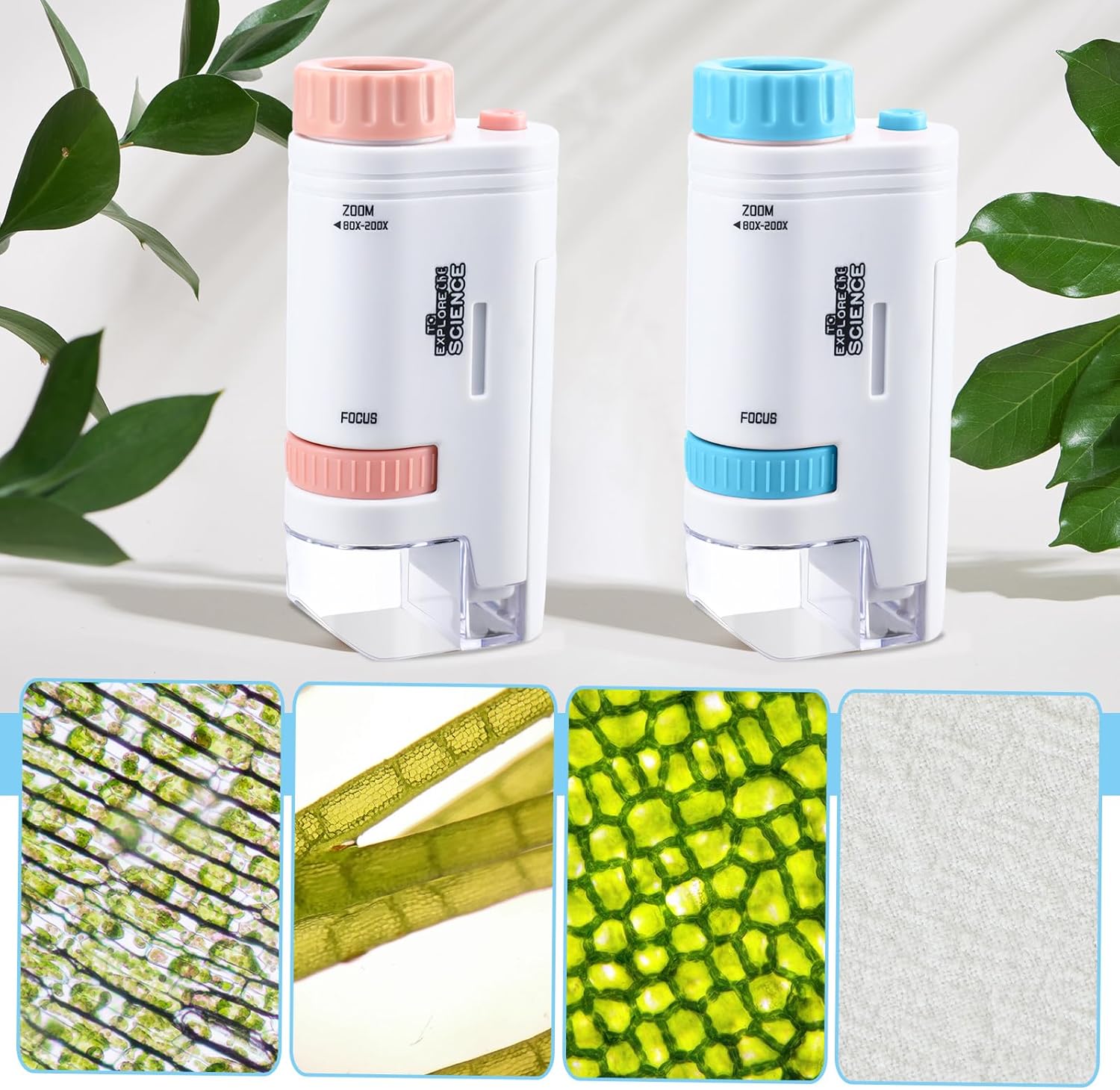 Kanayu Juego de 4 microscopio de bolsillo con luz LED, microscopio de bolsillo portátil, microscopio de mano con bolsa de terciopelo para niños,