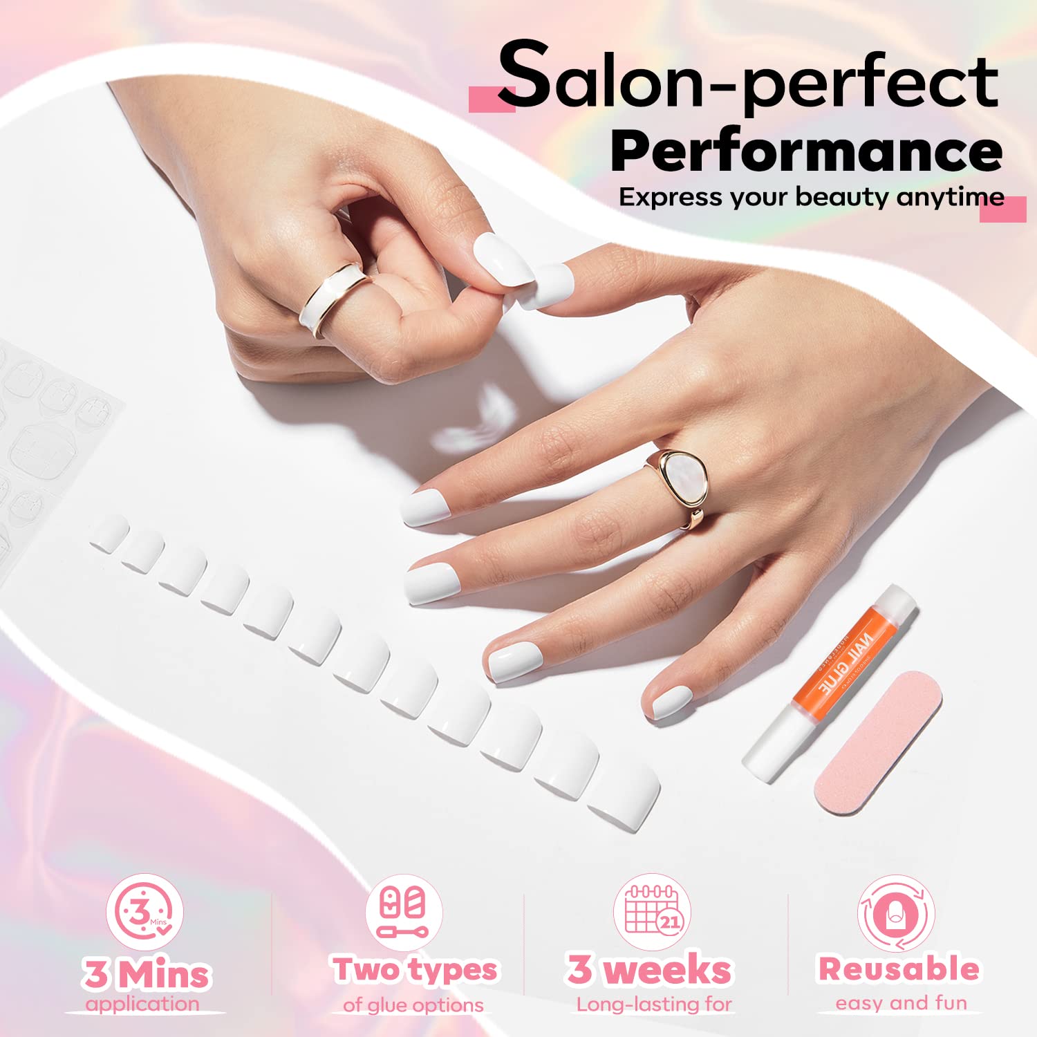 Modelones Uñas cortas a presión, uñas cuadradas a presión con pegamento de uñas, uñas blancas a presión, uñas postizas reutilizables, juego de uñas