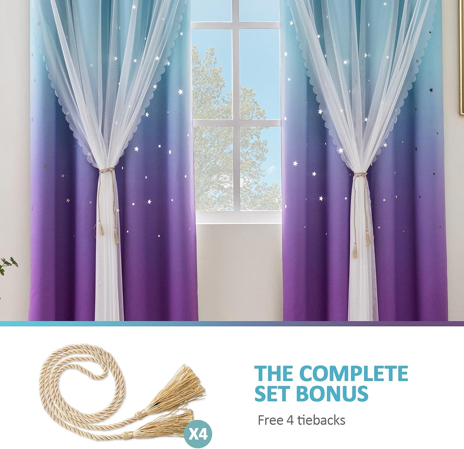 Stiio Cortinas opacas con corte de estrella para dormitorio de niñas, 2 paneles, cortinas opacas 2 en 1 con bloqueo de luz con ojales transparentes