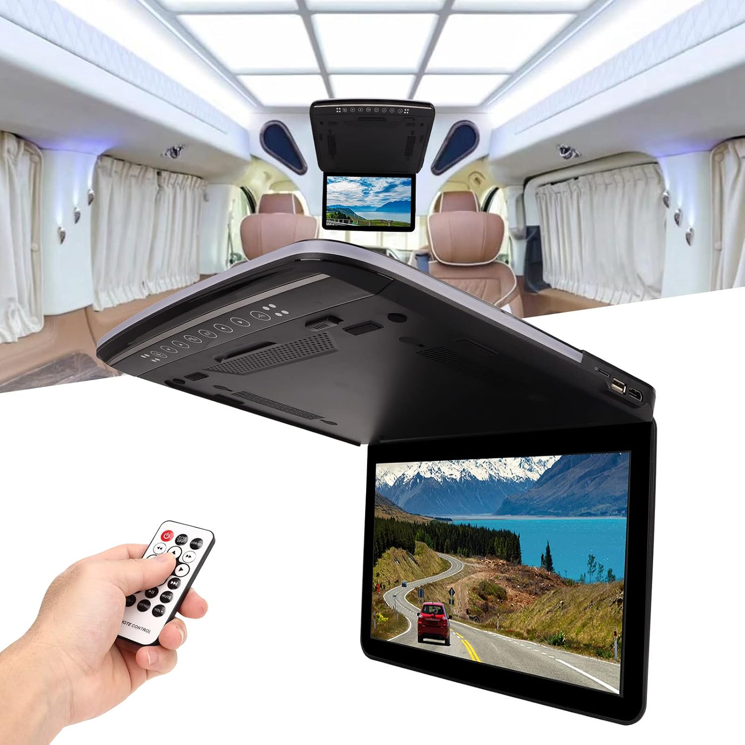 Monitor de techo de automóvil de 13.3 pulgadas, pantalla panorámica TFT de 169, reproductor de video superior de coche HD de 1080P con luz de doble