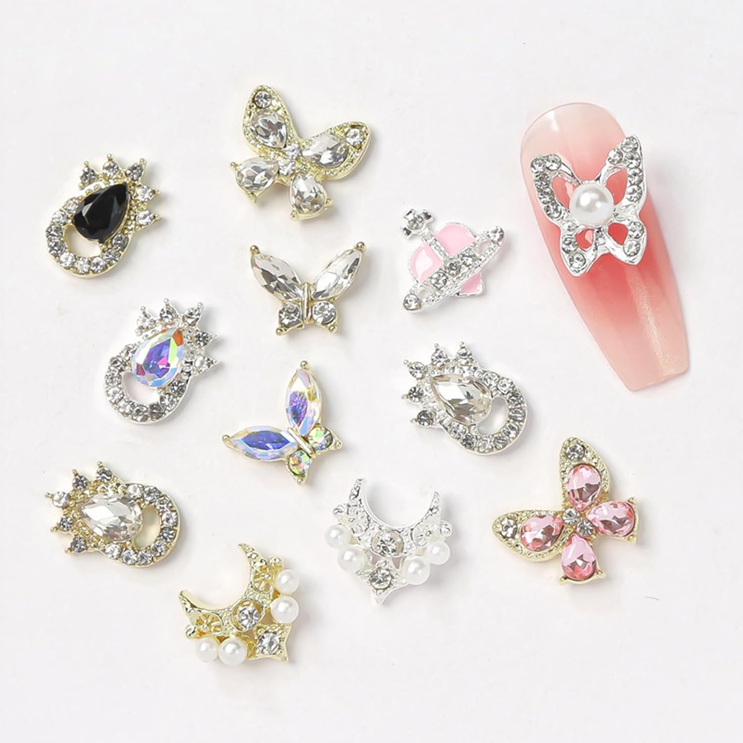 24 dijes de uñas de mariposa con diamantes de imitación de perlas y piedras preciosas de aleación de mariposa para arte de uñas, suministros de