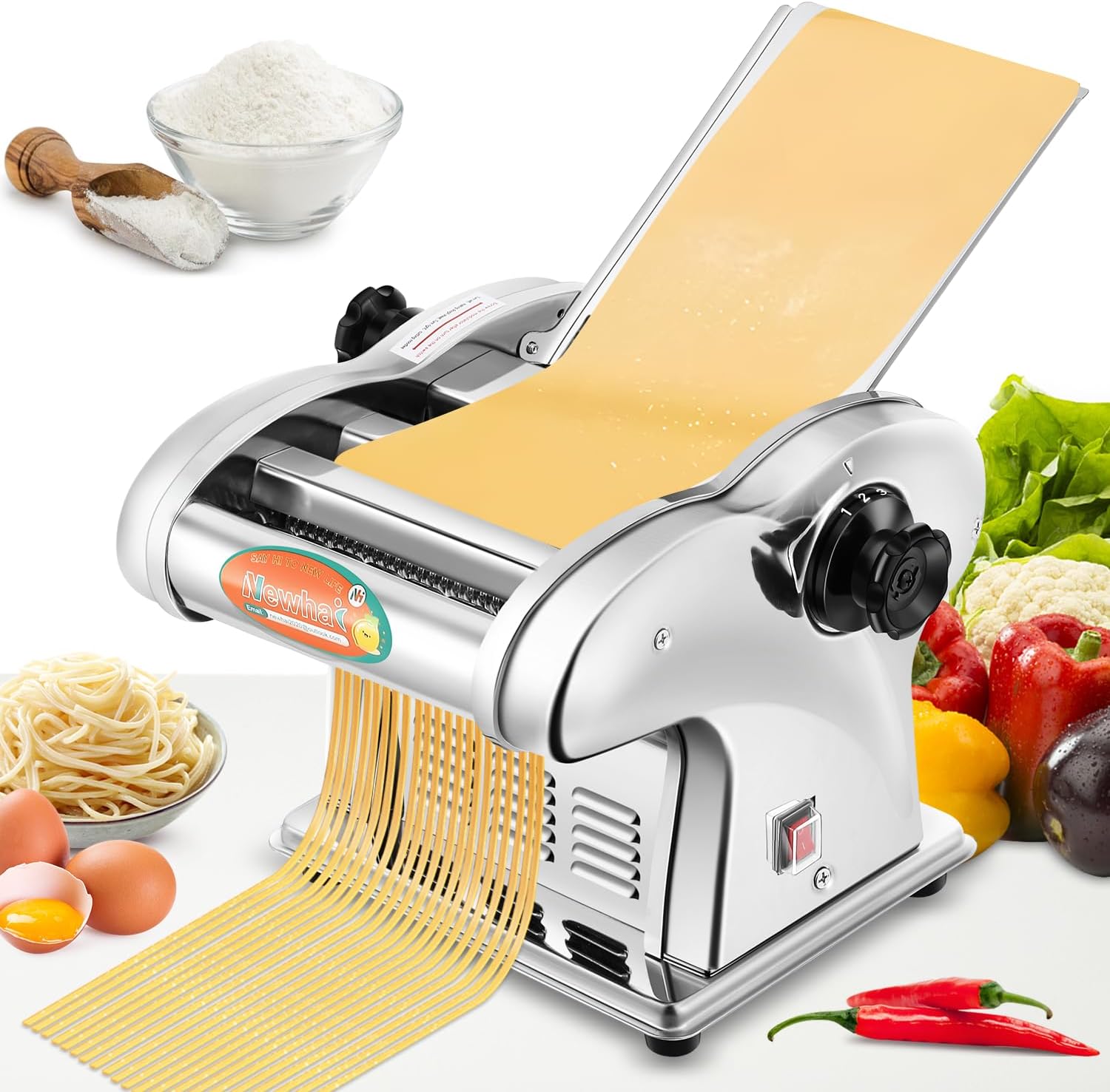 Newhai Máquina eléctrica para hacer pasta, máquina para fabricar fideos familiares, rodillo de masa de 0.098 in, espagueti, 0.157 in de ancho, 0.354