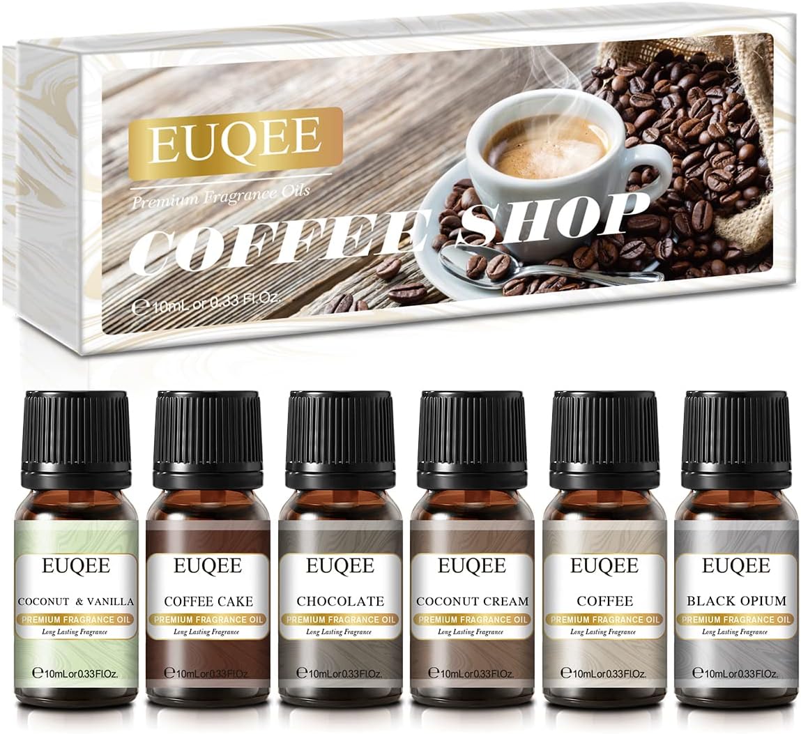 Juego de 6 aceites esenciales de fragancia prémium para cafetería, 0.3 onzas líquidas, café, pastel de café, chocolate, crema de coco, coco y
