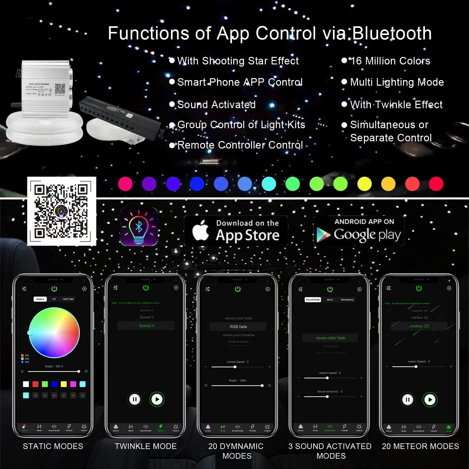 AKEPO – Kit de luz musical RGBW de 16 W, parpadeante, estrella fugaz, de cabezal doble, fibra óptica, controlada a través de aplicación, para el