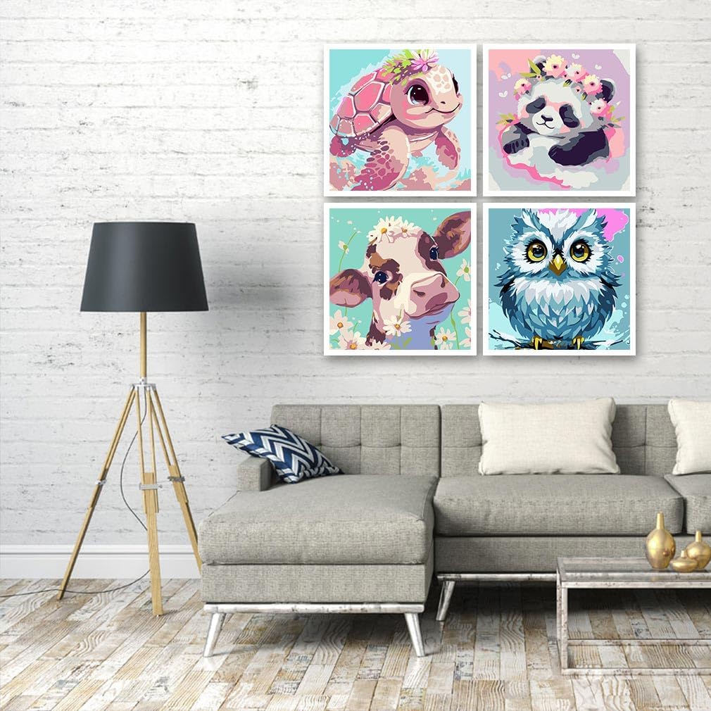 FQOVKYN Paquete de 4 pinturas por números para adultos, kit de pintura por números de animales lindos para adultos principiantes, pintura acrílica