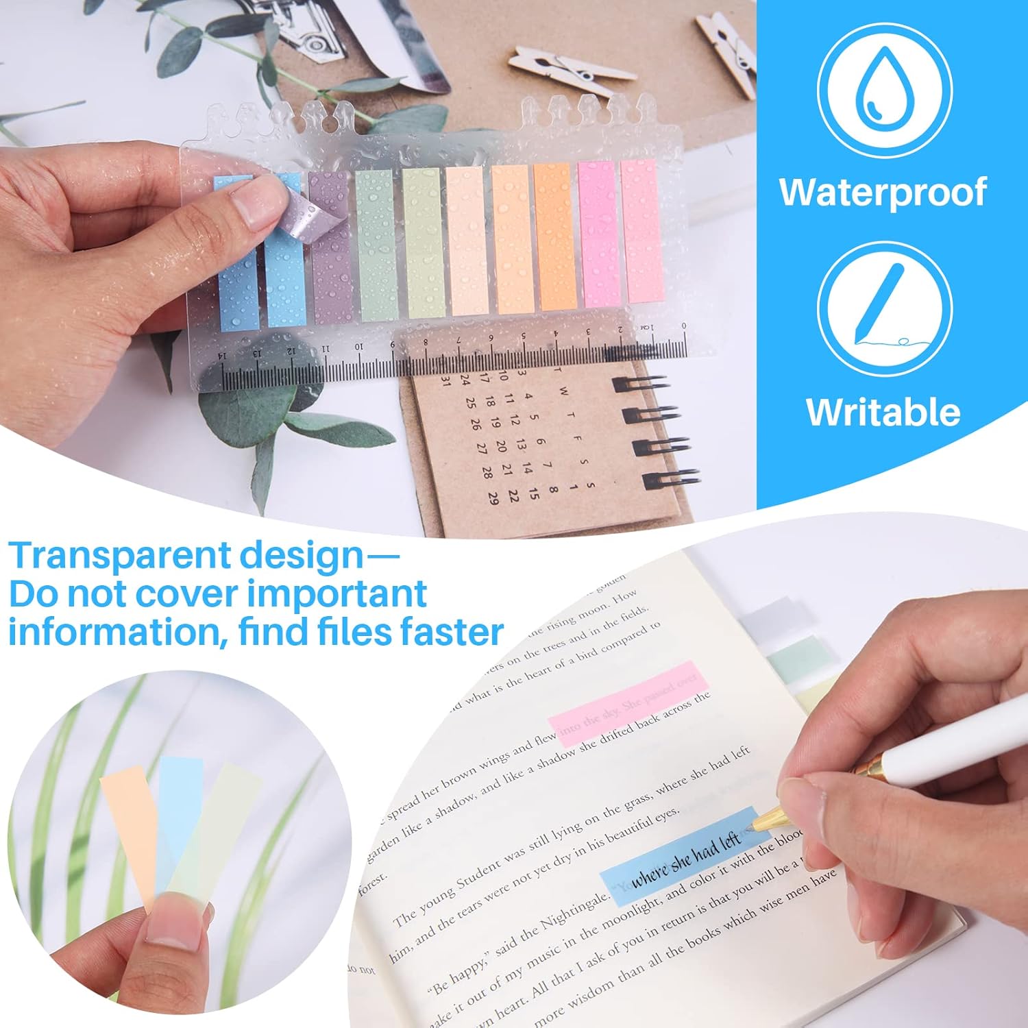 moinkerin – 200 pestañas adhesivas transparentes con regla, pestañas adhesivas para libros, PET, multicolor, para marcadores, estudio, oficina,