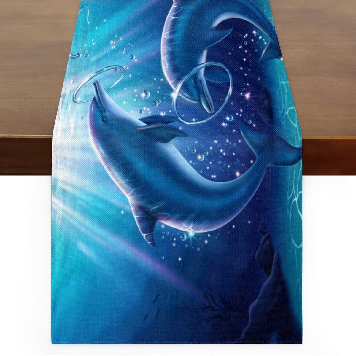 Camino de mesa con delfines de animales marinos del océano, mantel de lino rústico para cocina de granja, cena, eventos, fiesta, decoración de mesa