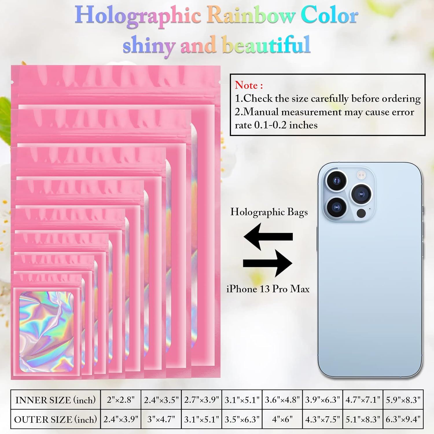 Paquete de 100 bolsas holográficas, bolsas resellables con ventana transparente, bolsa de papel de aluminio resellable para almacenamiento de