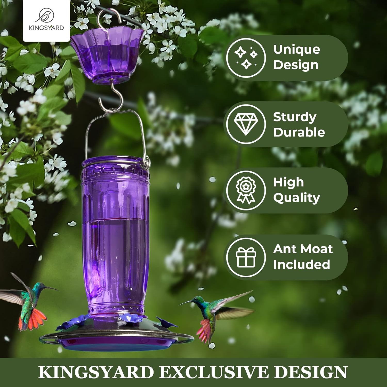 Kingsyard Comedero de cristal para colibríes para exteriores, comedero para pájaros silvestres con 6 puertos de alimentación para colgar para jardín