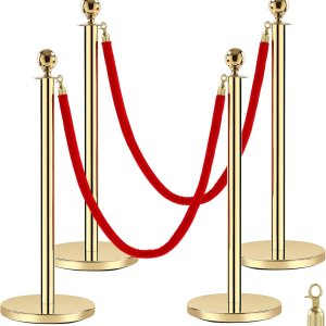 Cuerdas y postes de alfombra roja, cuerdas de terciopelo rojo de 5 pies, 4 barreras de control de multitudes, postes dorados de acero inoxidable de Cuerdas y postes de alfombra roja, cuerdas de terciopelo rojo de 5 pies, 4 barreras de control de multitudes, postes dorados de acero inoxidable de