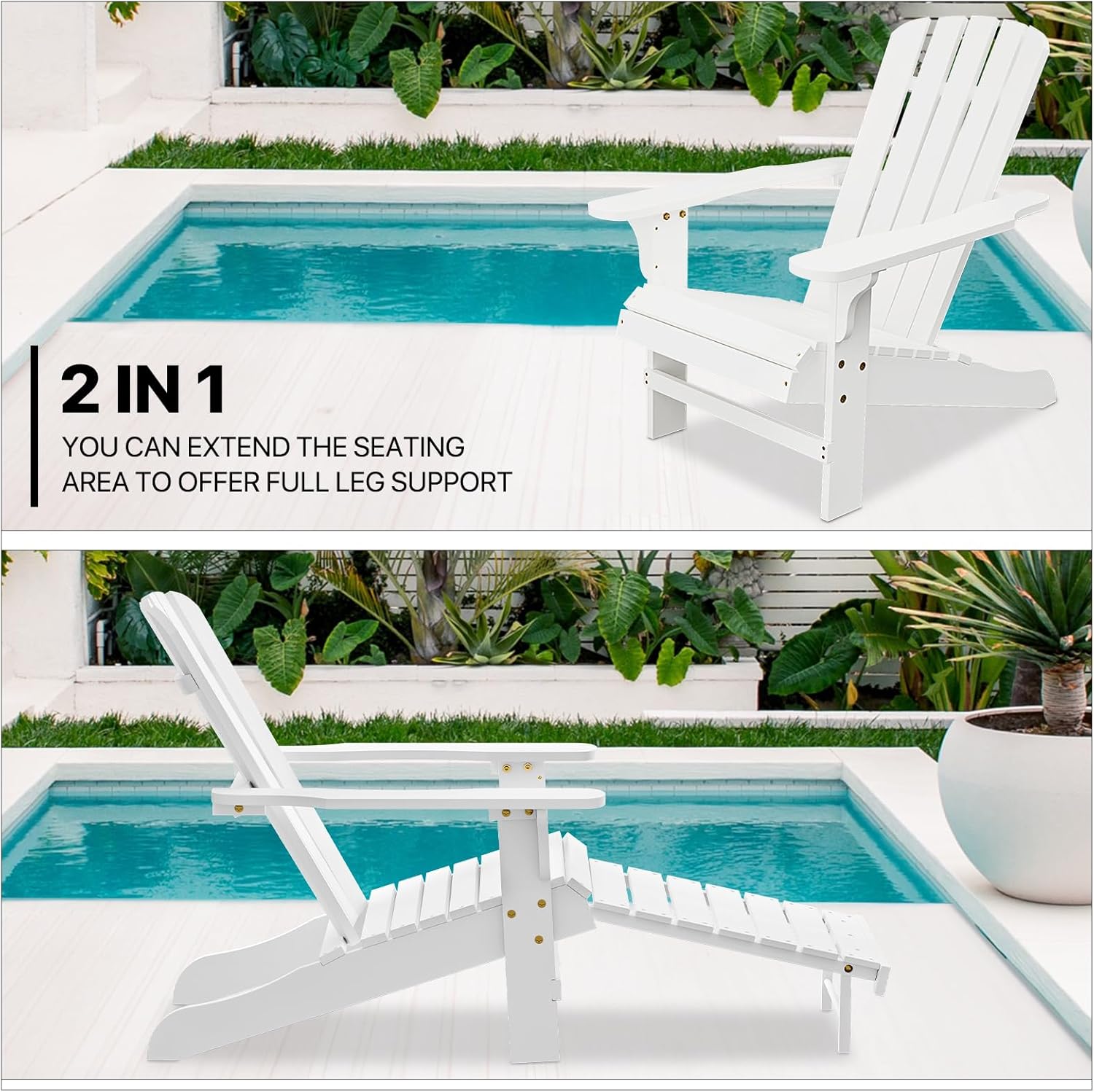 MoNiBloom Juego de 2 sillas Adirondack blancas con otomana retráctil, cómodas sillas de madera de abeto para todo tipo de clima, para patio trasero,