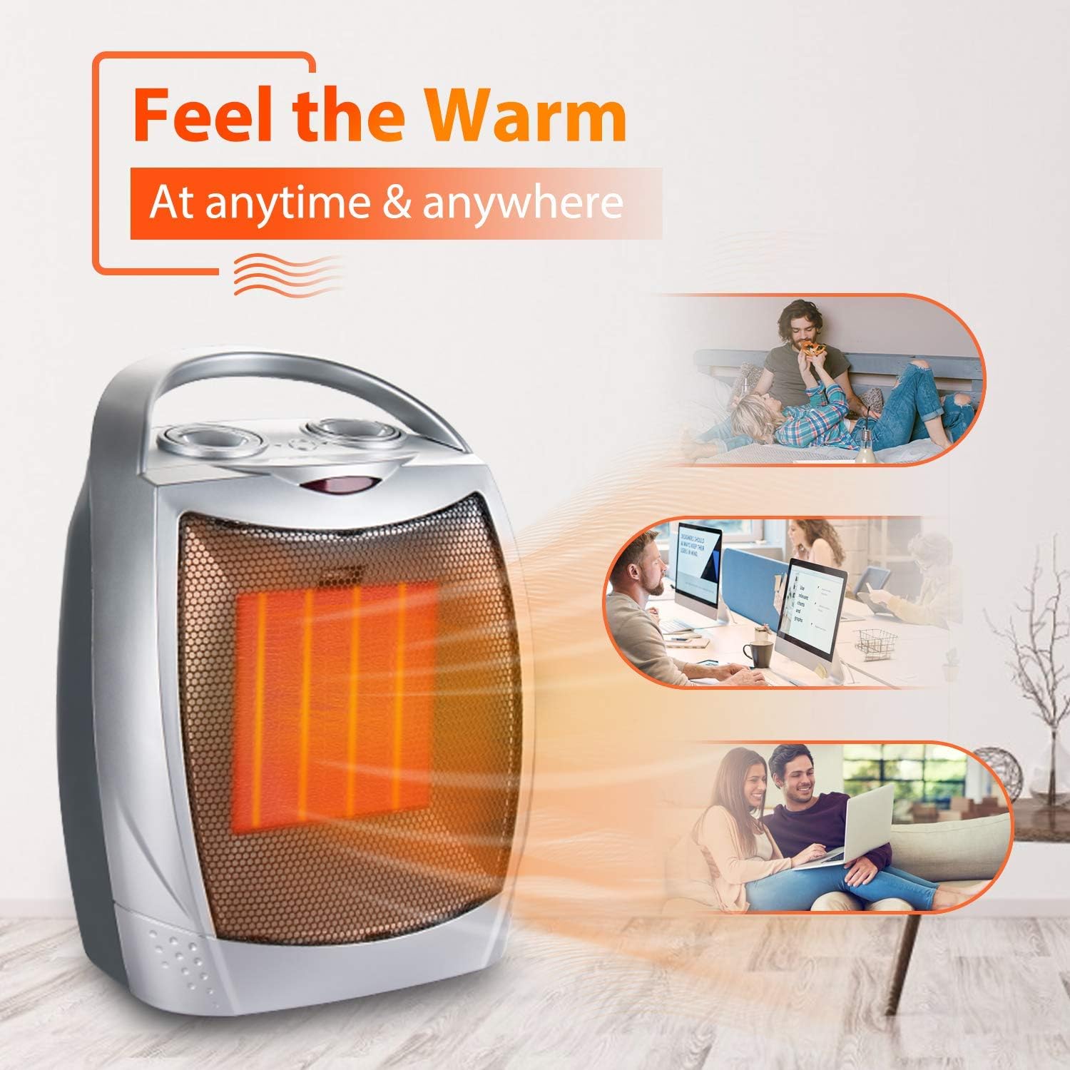 Calentador eléctrico Smart Space, termostatodetección de temperaturatemporizador ajustable, calentamiento rápido, calentador de ventilador portátil